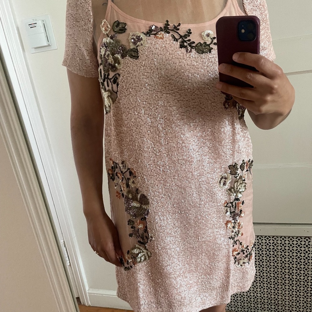 Anthropologie Pink Sequin Shift Dress with flowers